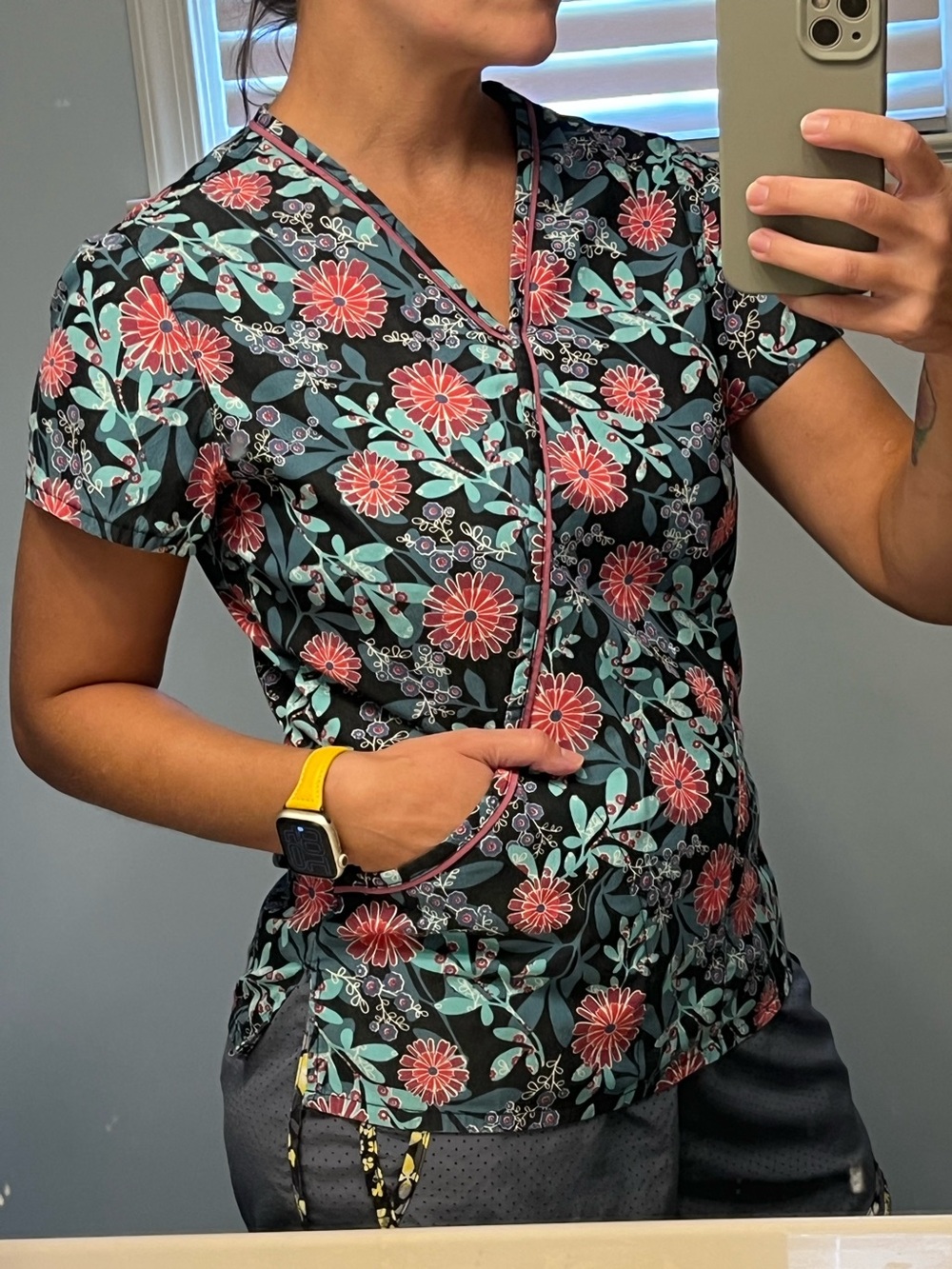 Nu Dimension Floral Mock-Wrap Scrub Top - Size XS